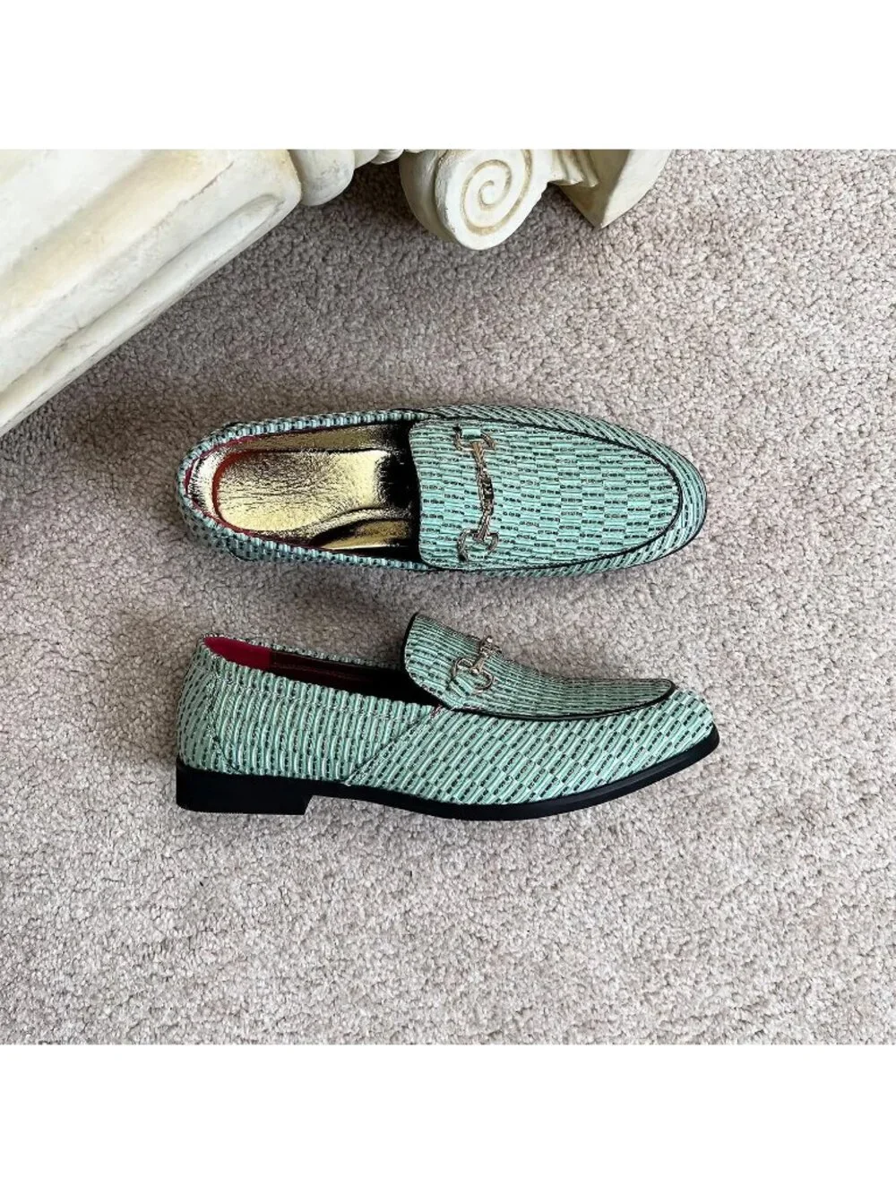 LCQL Men's Green Leather Velvet Loafer Gold Buckle Slip On Comfortable Shoes